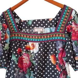 Johnny Was Workshop Floral Polka Dot Boho Top Embroidered Blouse Womens L Black